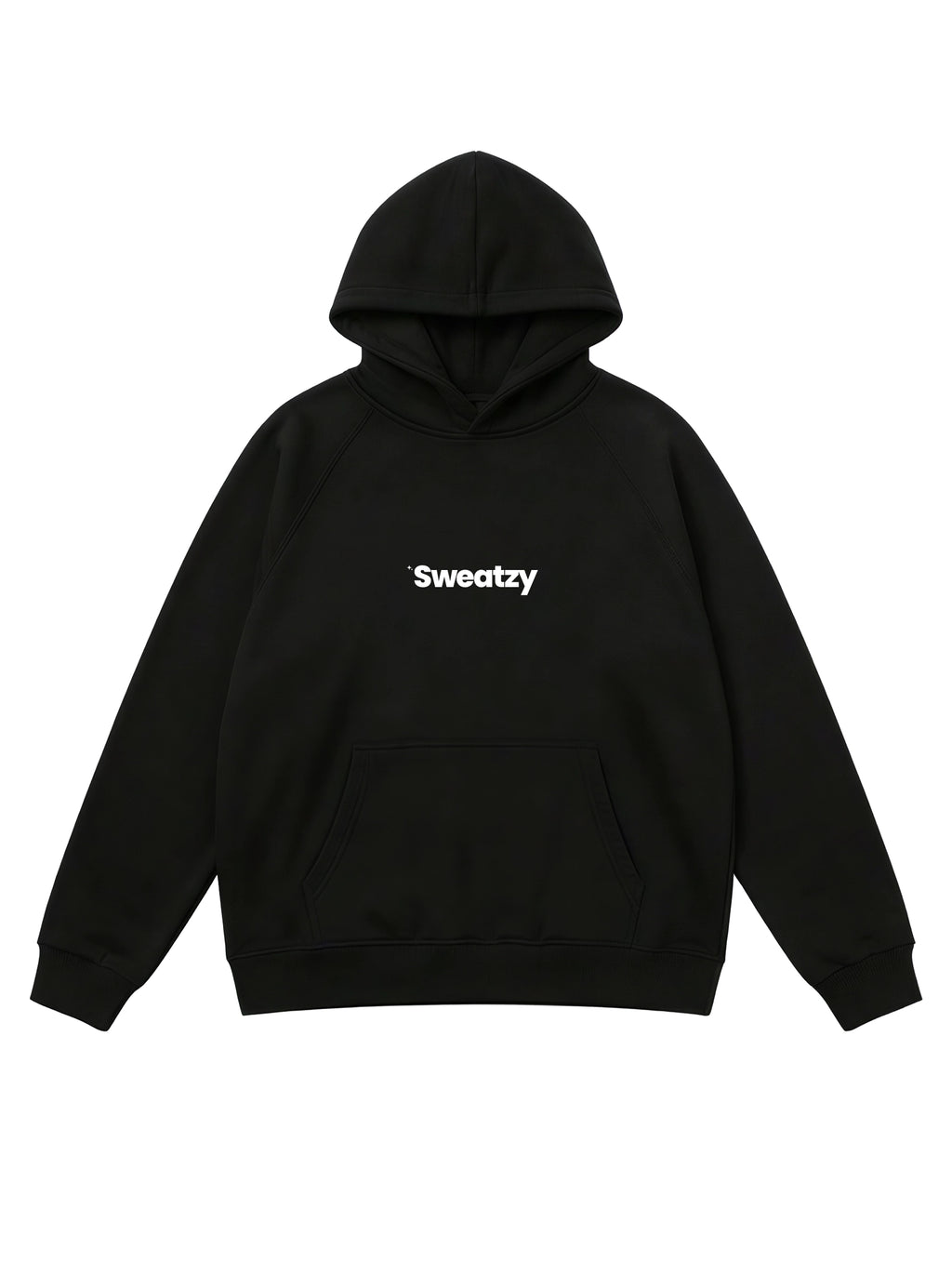 Black hoodie with 'Sweatzy' text on a white background