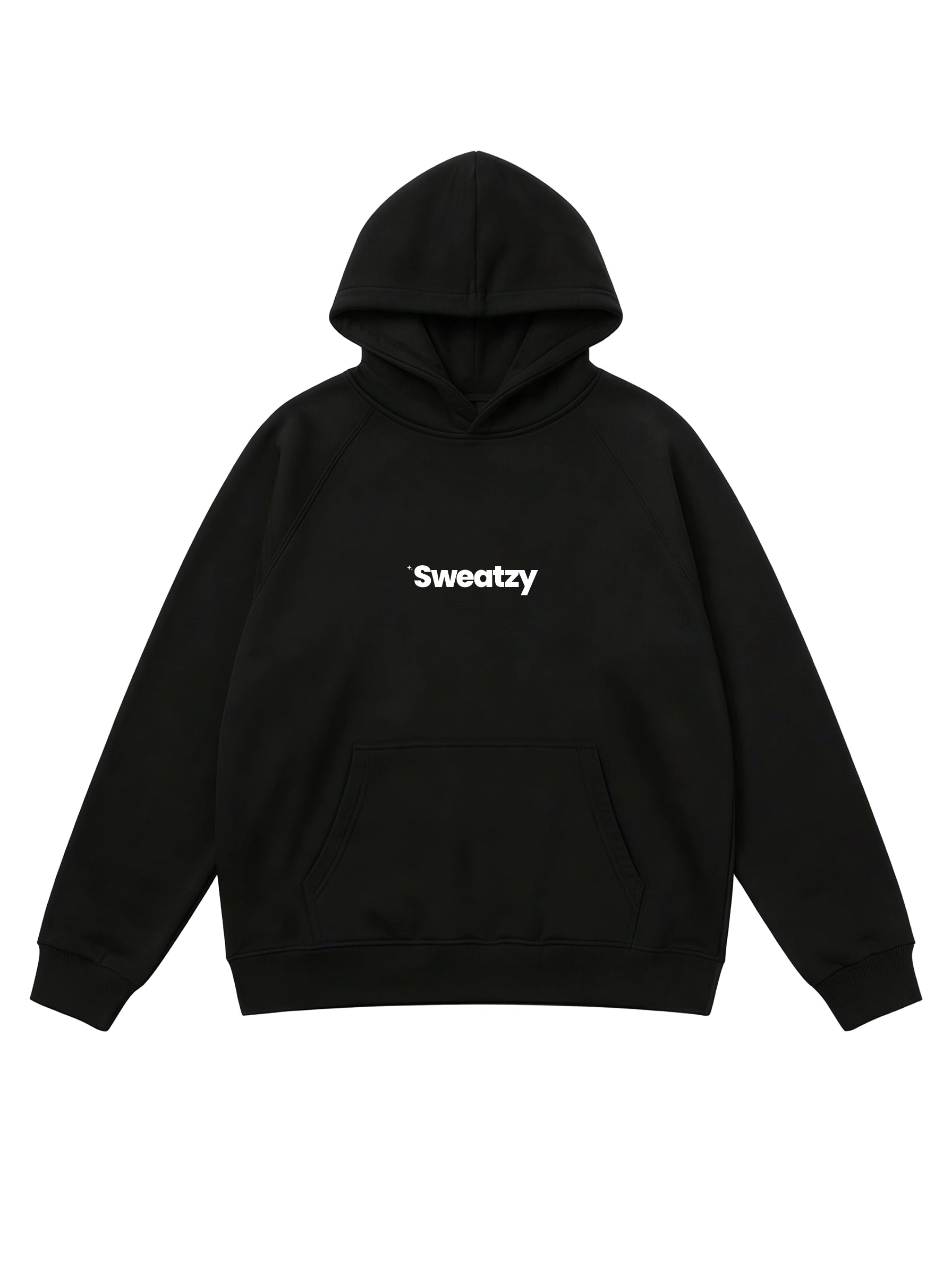 Black hoodie with 'Sweatzy' text on a white background