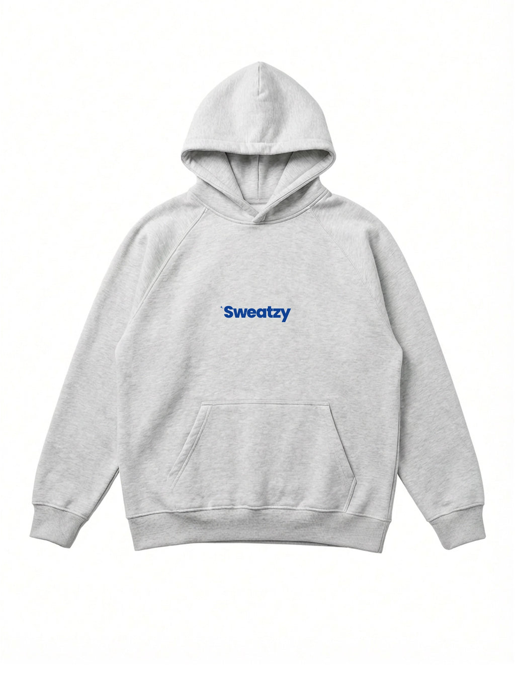 Gray hoodie with 'Sweatzy' logo on a white background