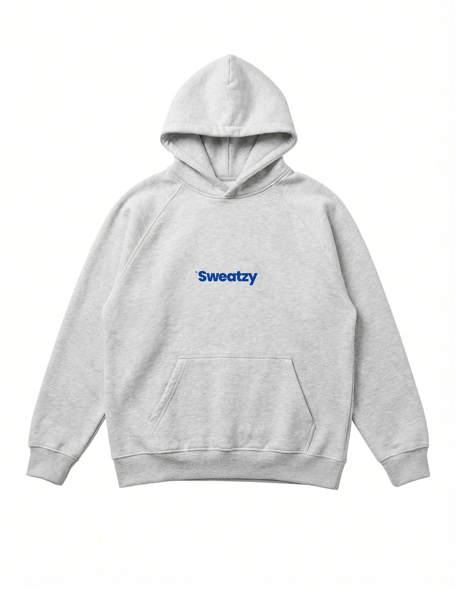 Gray hoodie with 'Sweatzy' logo on a white background