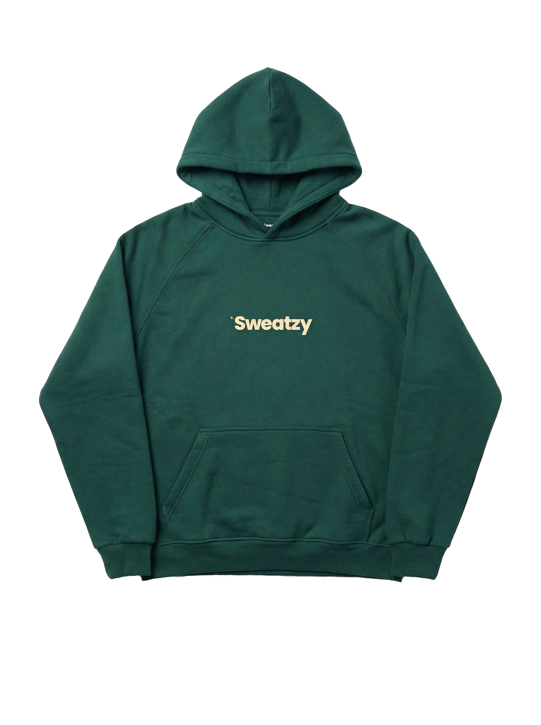 Green hoodie with 'Sweatzy' logo on a white background