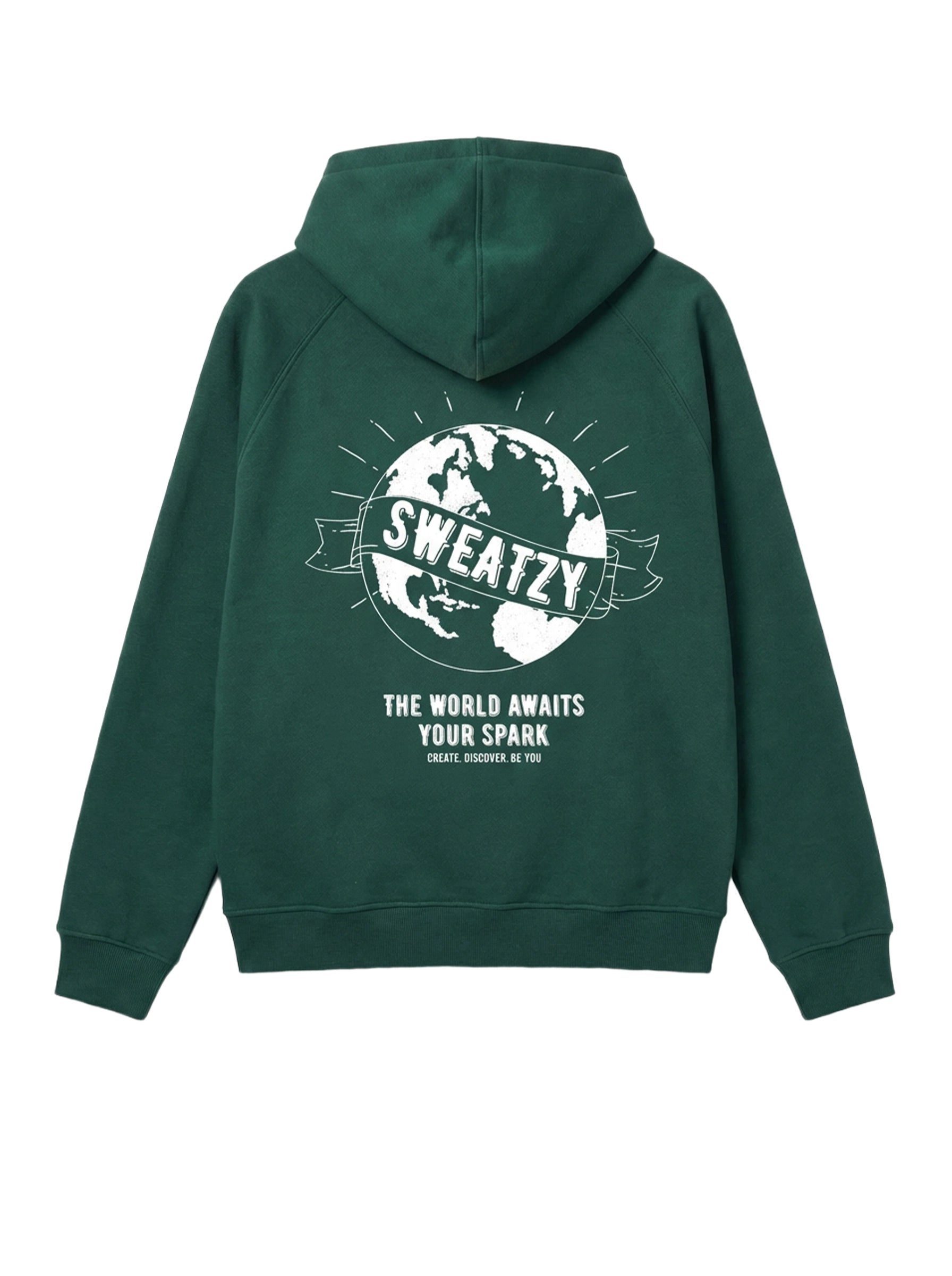 Green hoodie with a white graphic and text on the back against a white background