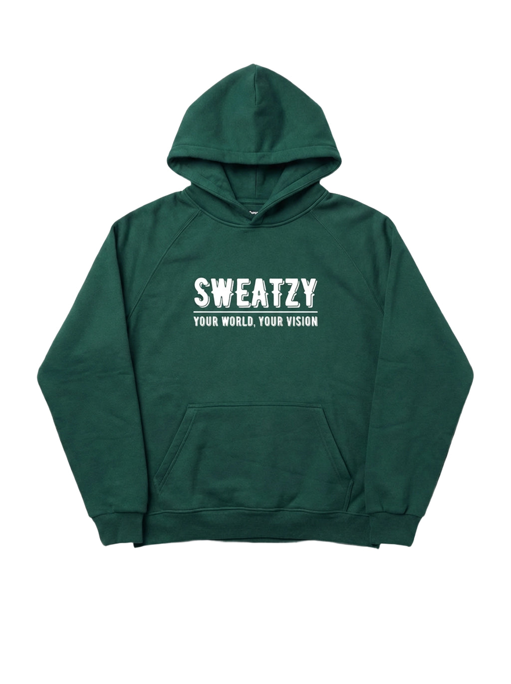 Green hoodie with 'SWEATZY' text on a white background
