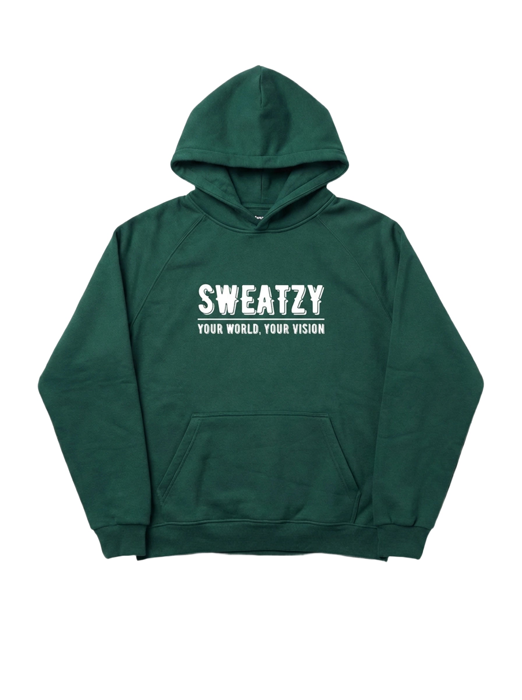 Green hoodie with 'SWEATZY' text on a white background