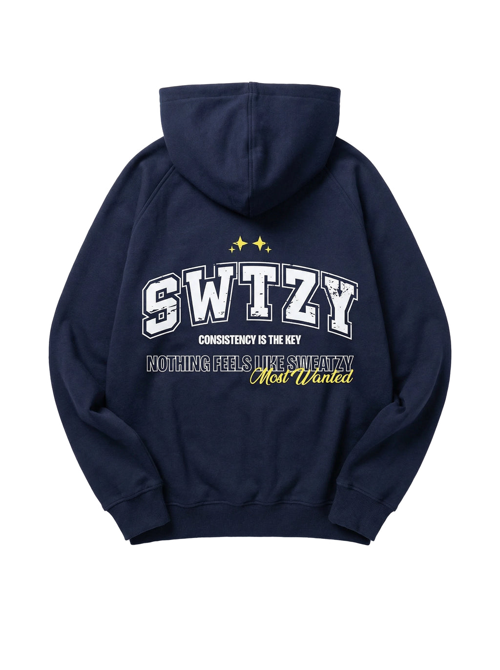 Navy blue hoodie with 'SWTZY' branding on the back against a white background