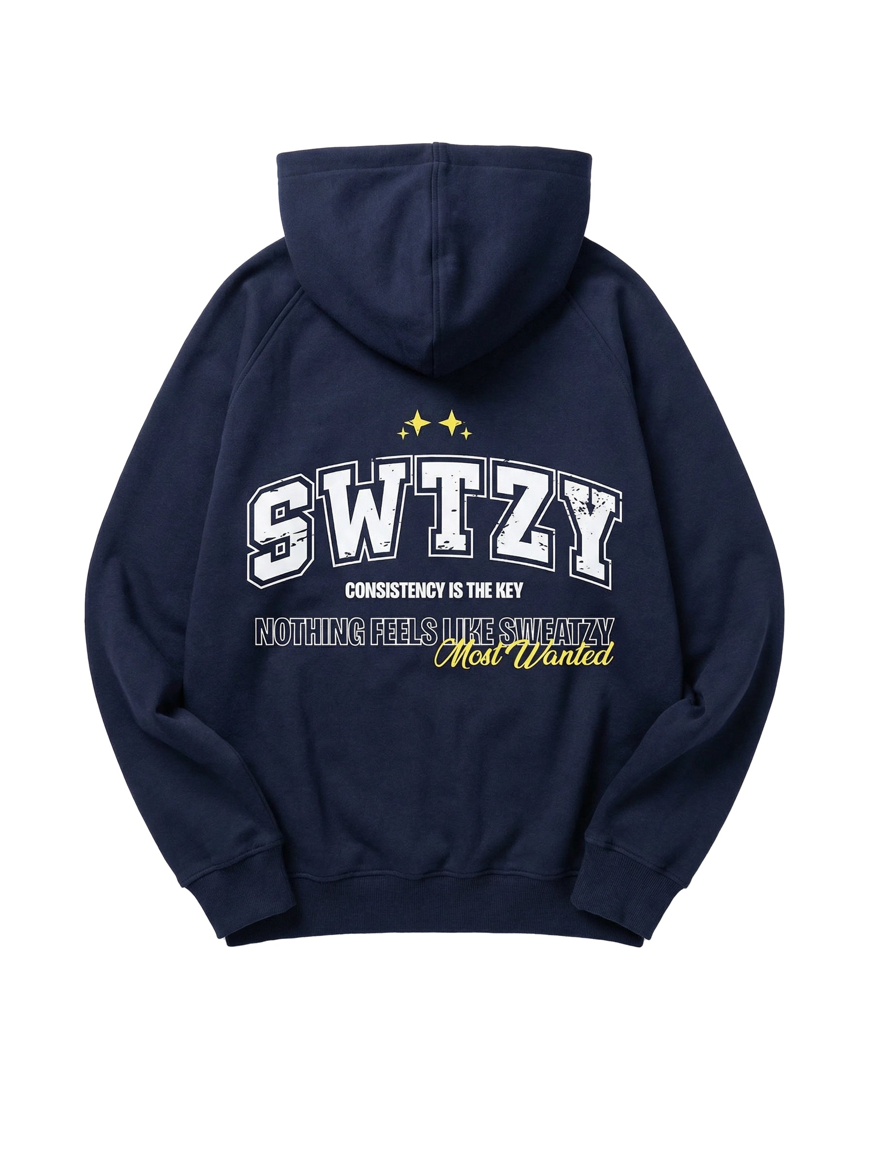 Navy blue hoodie with 'SWTZY' branding on the back against a white background