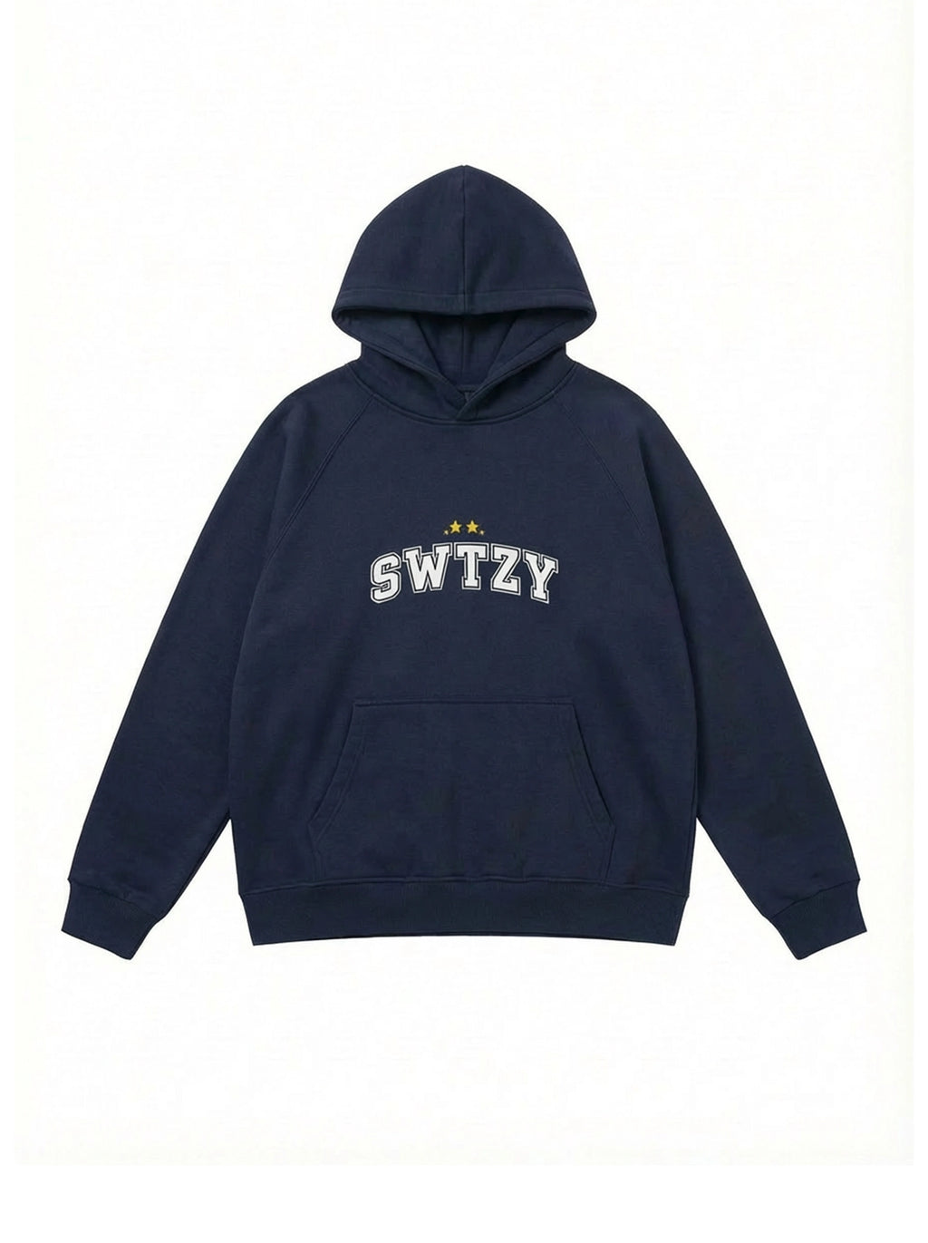 Navy blue hoodie with 'SWTZY' text on a white background