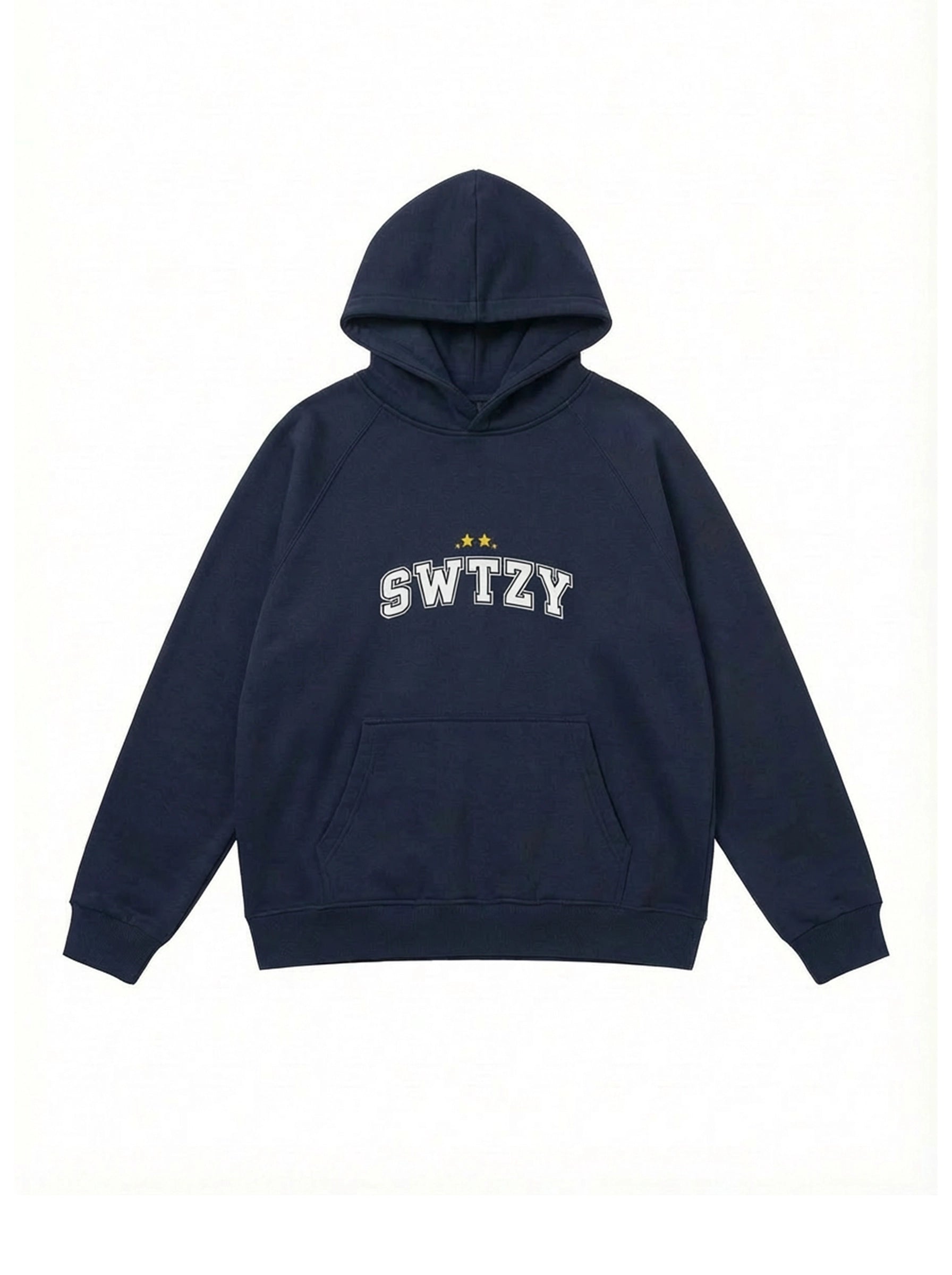 Navy blue hoodie with 'SWTZY' text on a white background