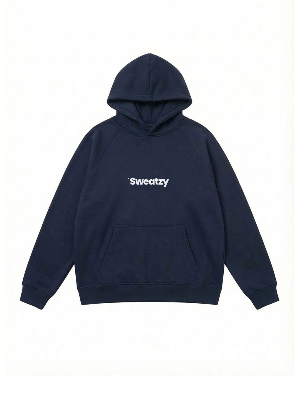 Navy blue hoodie with 'Sweatzy' text on a white background