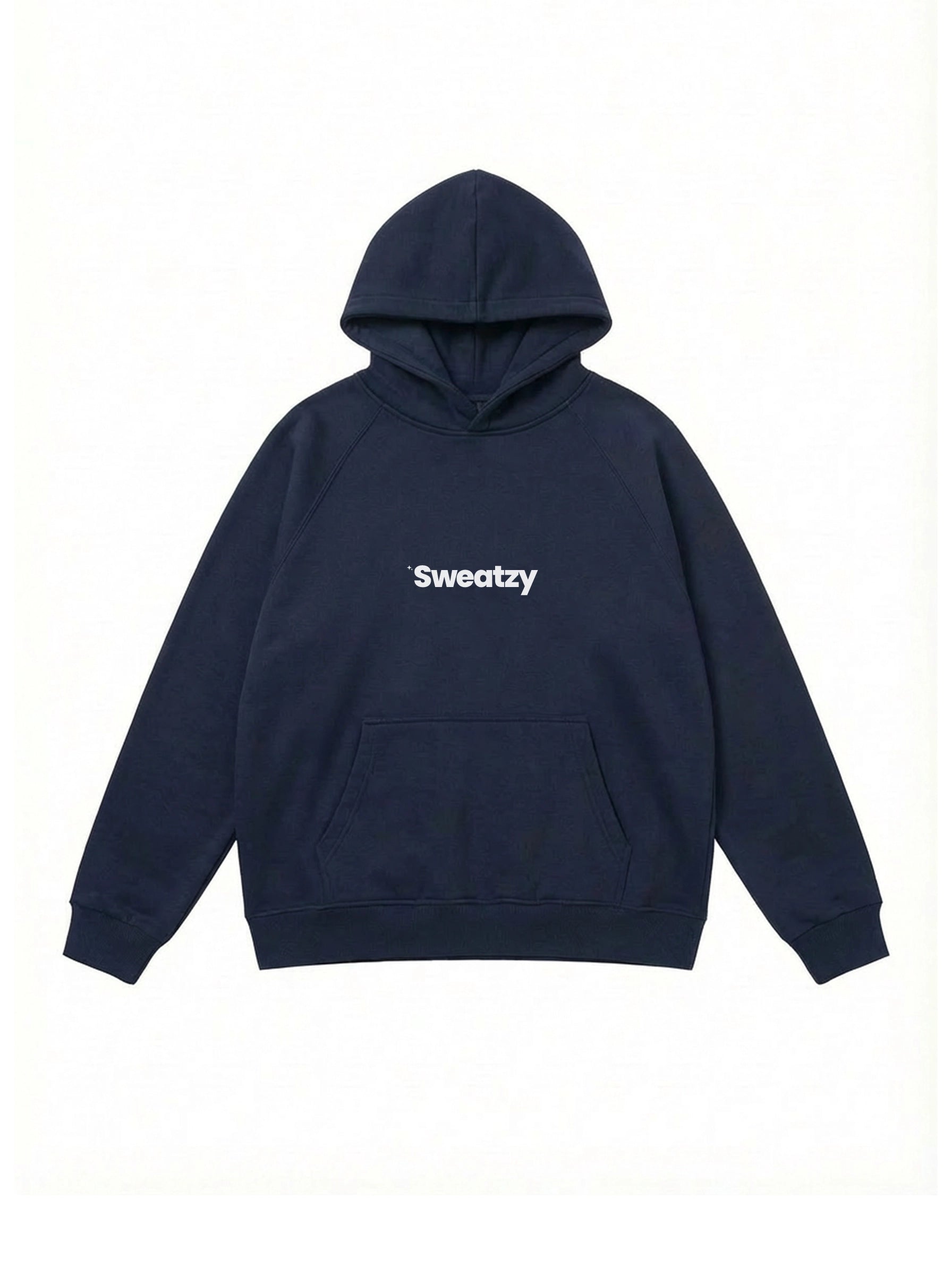 Navy blue hoodie with 'Sweatzy' text on a white background